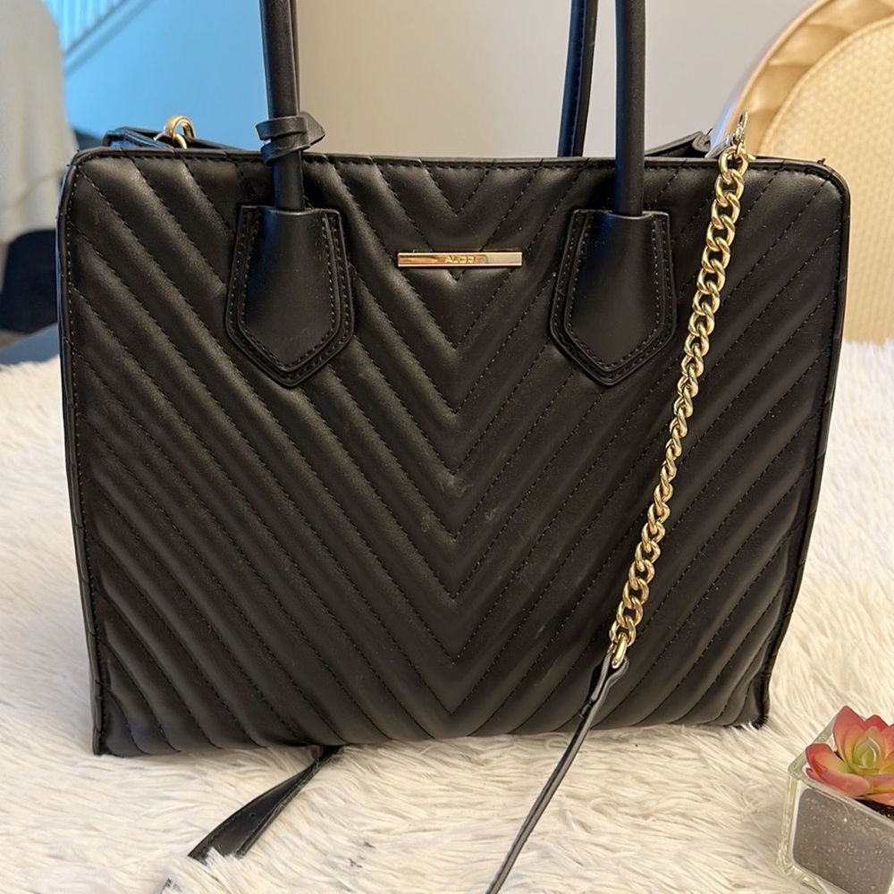 ALDO Black Faux Leather Gold Logo Satchel Purse Bag Straps pockets